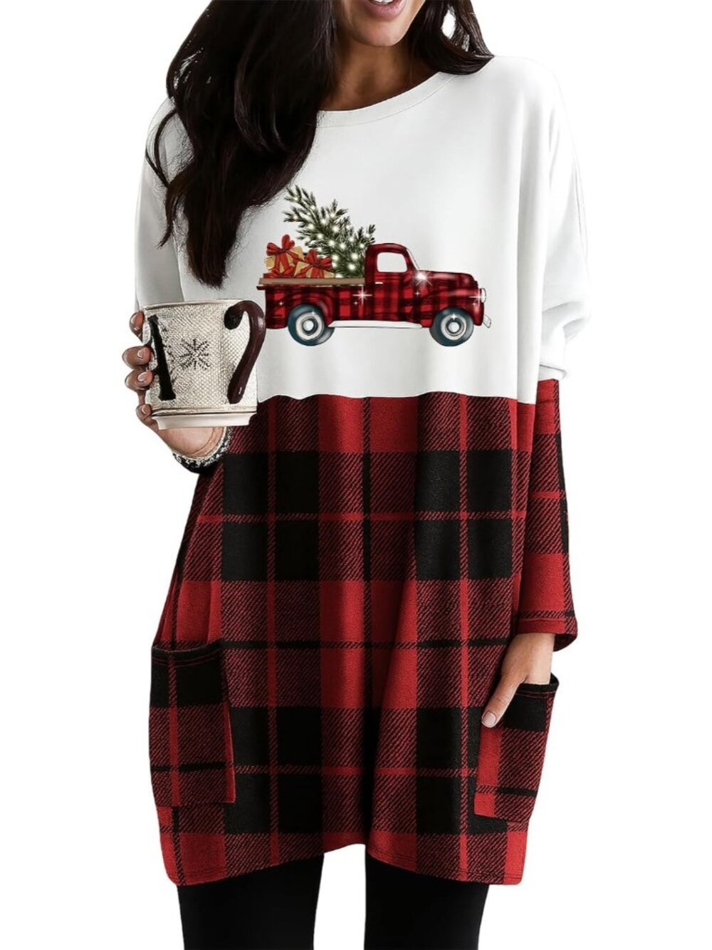 🎄Women's Christmas Tree Truck Long Sleeve Casual Plaid Sweatshirt Pockets Dress
